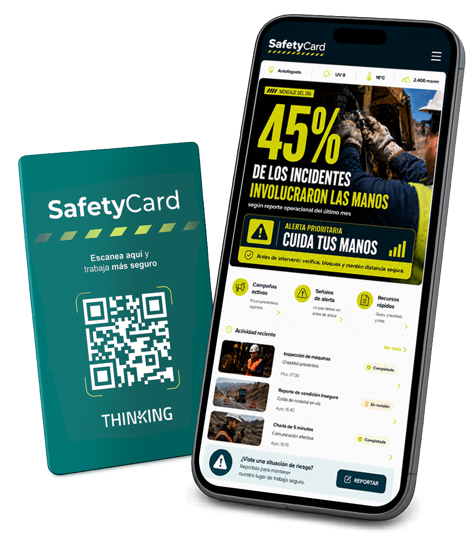 Tarjeta SafetyCard con código QR junto al teléfono mostrando la app